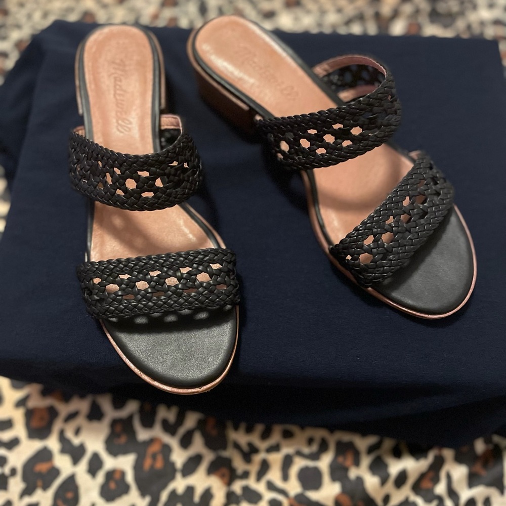 Madewell Black Leather woven mules